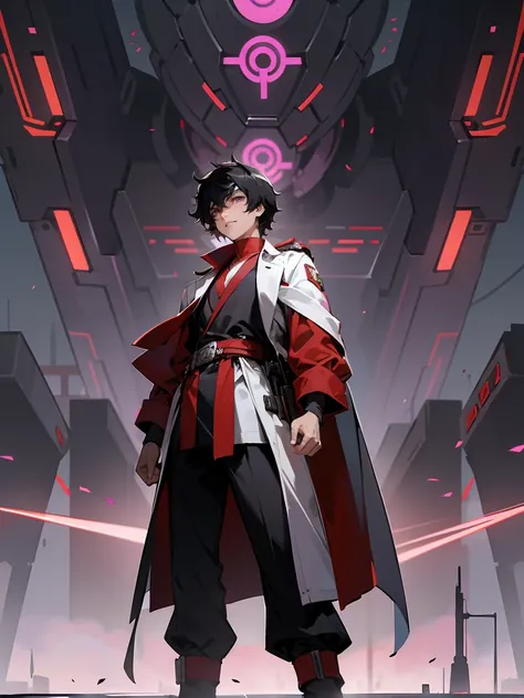 1male , Standing on path , Detailed Futuristic City Background , Detailed Background, Masterpiece Quality , Shaggy Black Hair , Bright Purple Eyes , Red Headband , Red Sash Belt , Lab Coat 