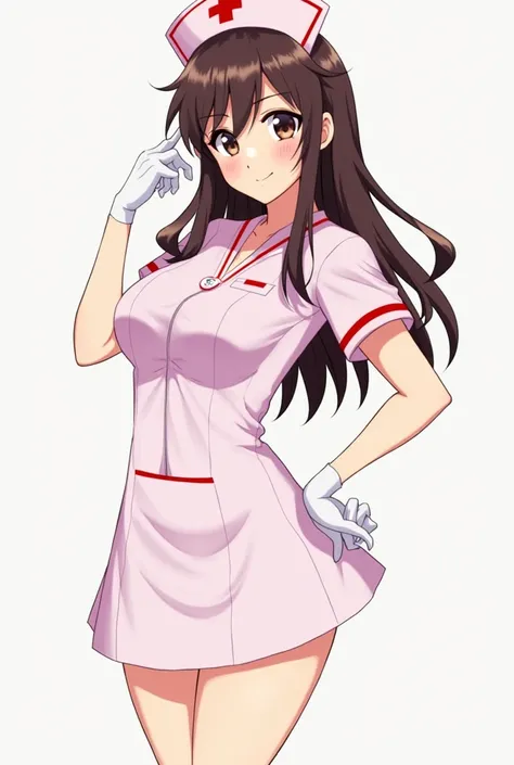 một người phụ nữ mặc  nurse uniform  body nóng bỏng đang đứng dang rộng cánh tay, female nurse,  nurse uniform ,  anime style Ecchi , hints at yayoi kusama, makoto shinka , full body half, ahegao, anime barbie wearing white socks, character in visual novel...