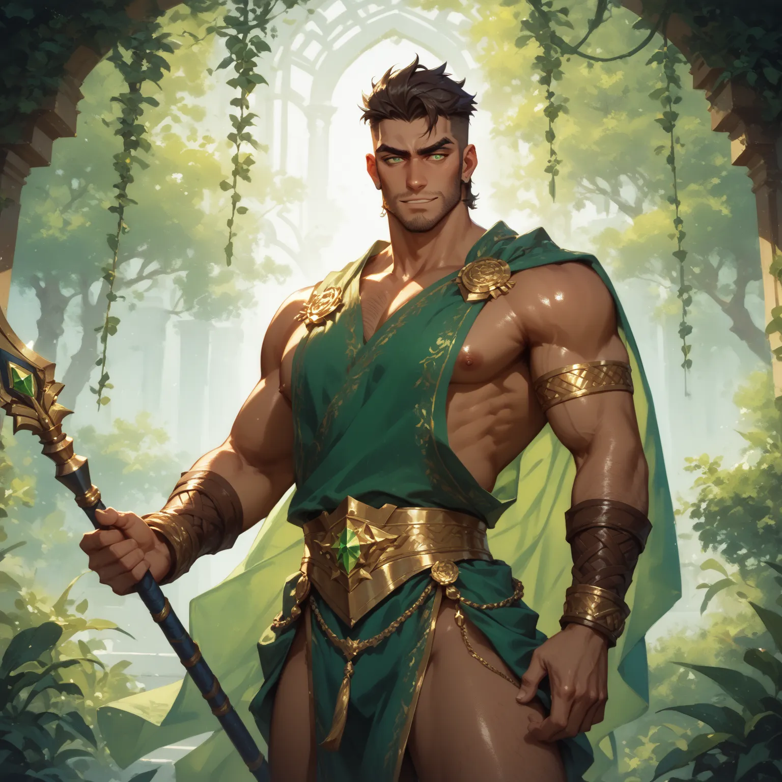 ((Oil painting style, Masterpiece)) manticor, male, glossy skin, soft stomach, wearing a sheer loin cloth, casual pose, caramel-colored skin, emerald colored eyes, slight smirk, square jaw, shoulder lenght hair, fierce expression, holding spear, inside lus...