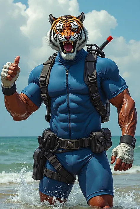 (A rugged beefy extremely muscular bulky old man), (wearing blue skintight fully-zipped short-sleeve wetsuit with short swimming pants that show his muscular thighs), (wearing realistic roaring tiger mask), thumbs up pose, wearing bulky harness and utility...