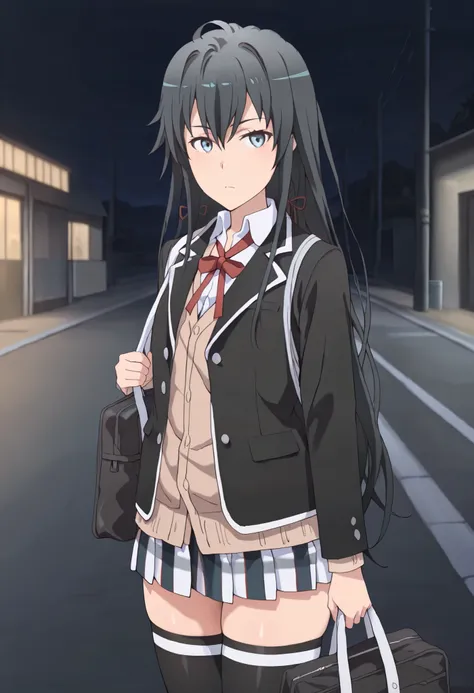 masterpiece,best quality,amazing quality, yukinoshita yukino, long hair, black hair, blue eyes, 1girl, sobu high school uniform, bag, night, jacket, looking at viewer, outdoors, solo, road, black jacket, street, shirtsobu high school uniform,black jacket,s...