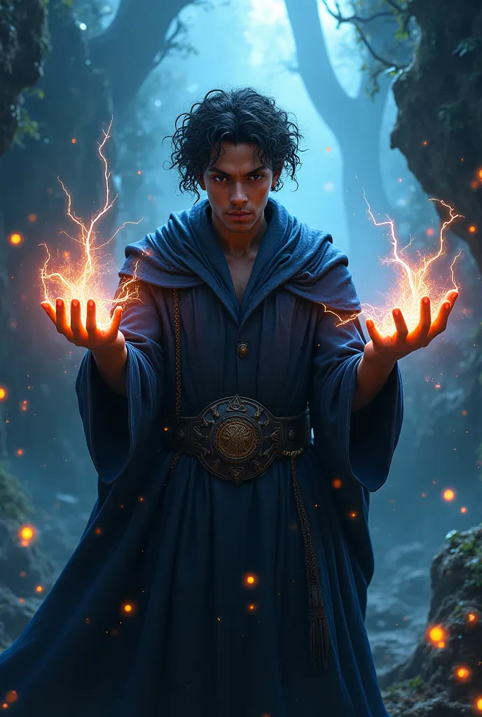 Create a wizard with dark curly hair, with dark skin, with incredible power in his hands 