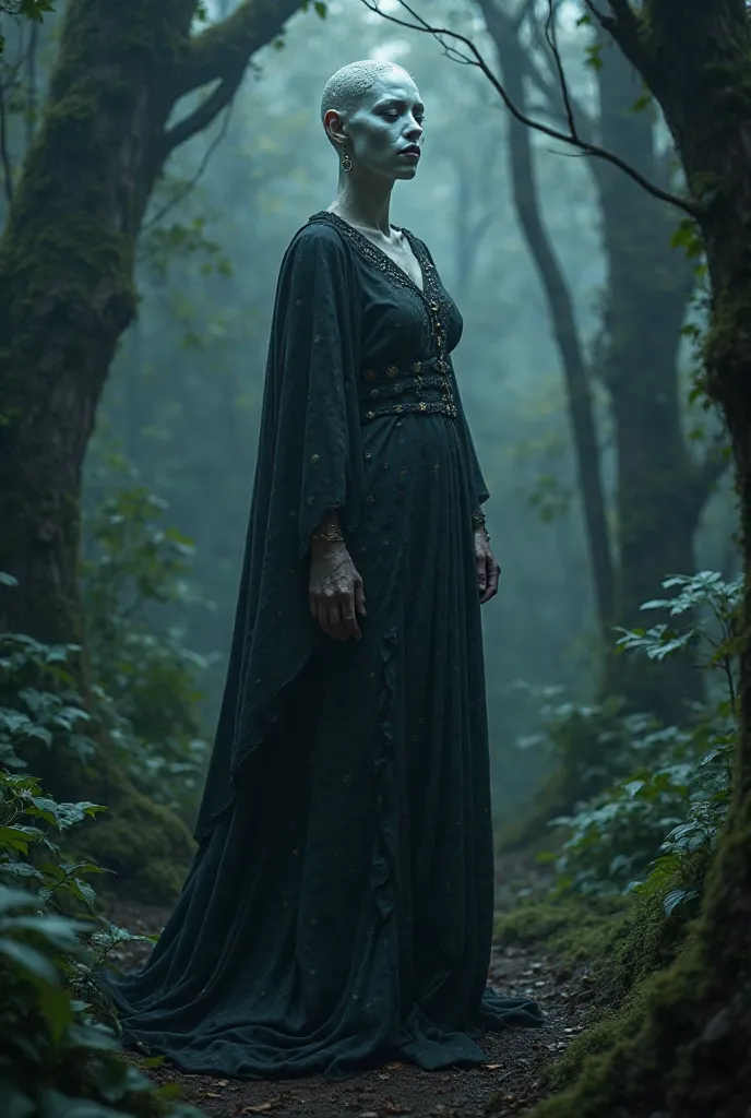 A tall, ghostly African queen in a dark robe, standing in a dense forest at night. Her pale skin and glowing eyes make her look eerie and powerful. Make it realistic. African ethnicity 