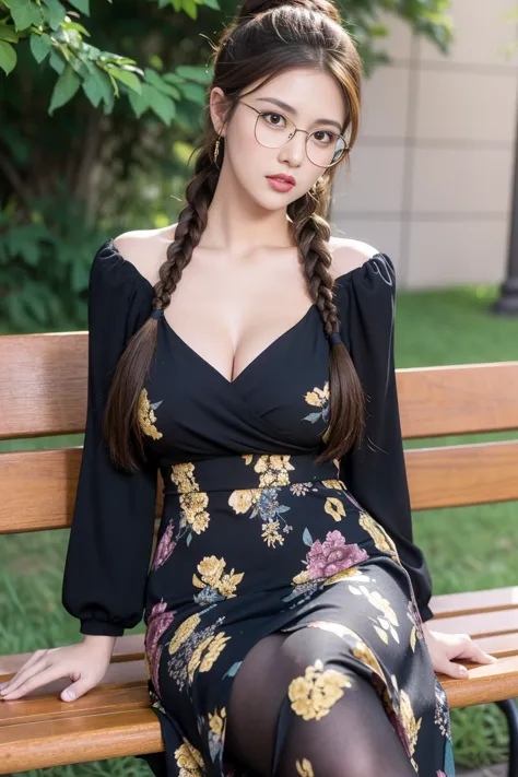 arafed woman pretty face, 20 years with eyeglasses, double braided ponytail brown hair, wearing a yellow and black sexy sultry floral dress, sitting on the bench, parted lips, seductive pose, large breasts, cleavage,full body shot, wide angle, looking at t...