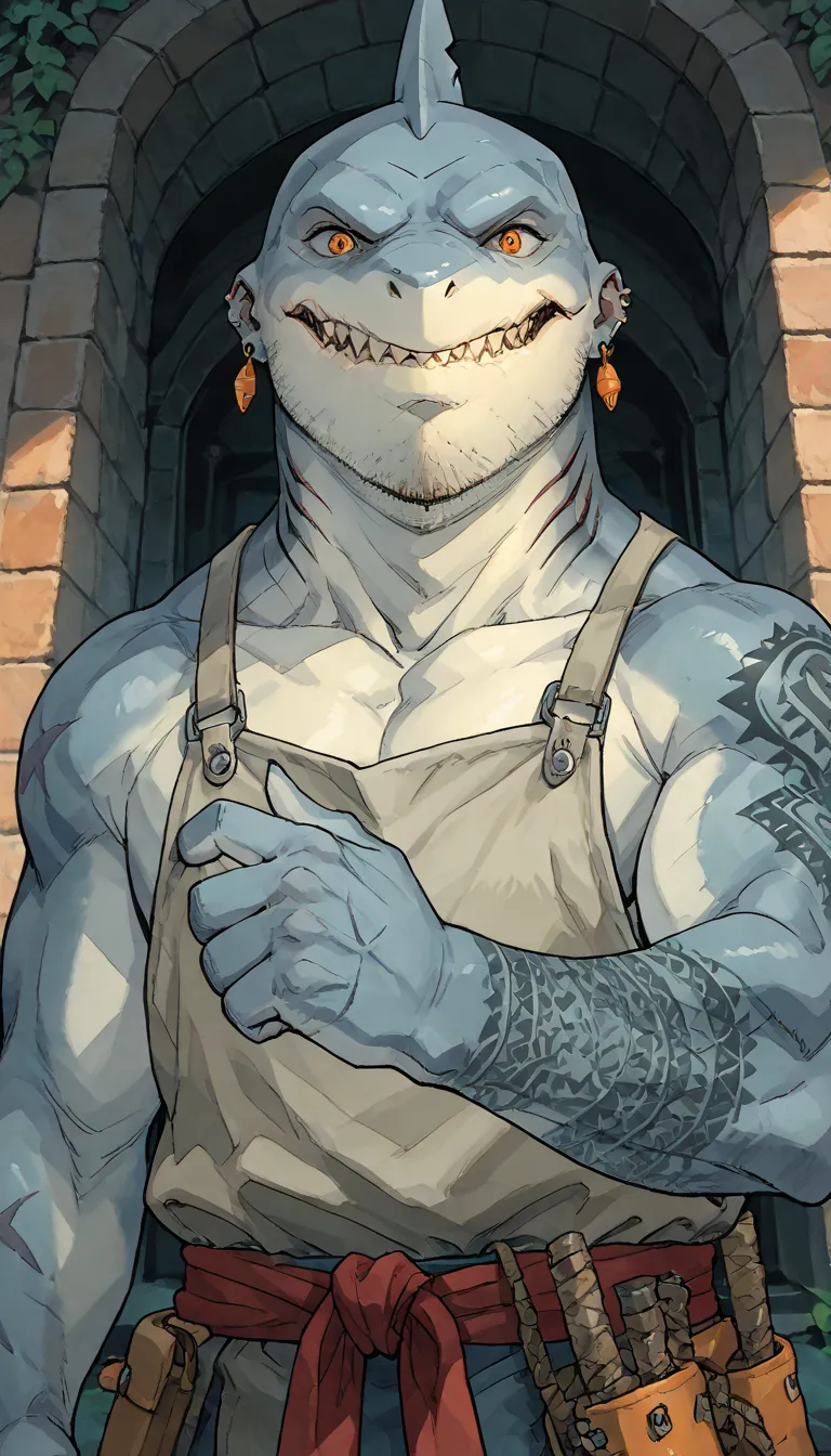 (shark, fishmonger), (extremely detailed CG unit 8k wallpaper),(master part), (best quality), (ultra detail), (best illustration),(ghibli_style), cowboy shot, dutch angle, close up, standing, facing viewer, looking at viewer, perfect face, perfect eyes, pe...