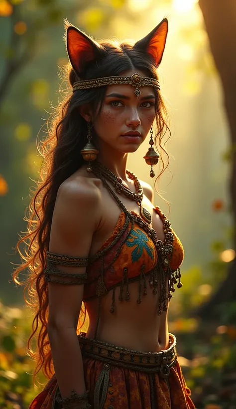 A very beautiful warm tone secretive tribal Indiana, wearing tribal dress princess, on the forest, with bells , cat inspired dynamic pose
 