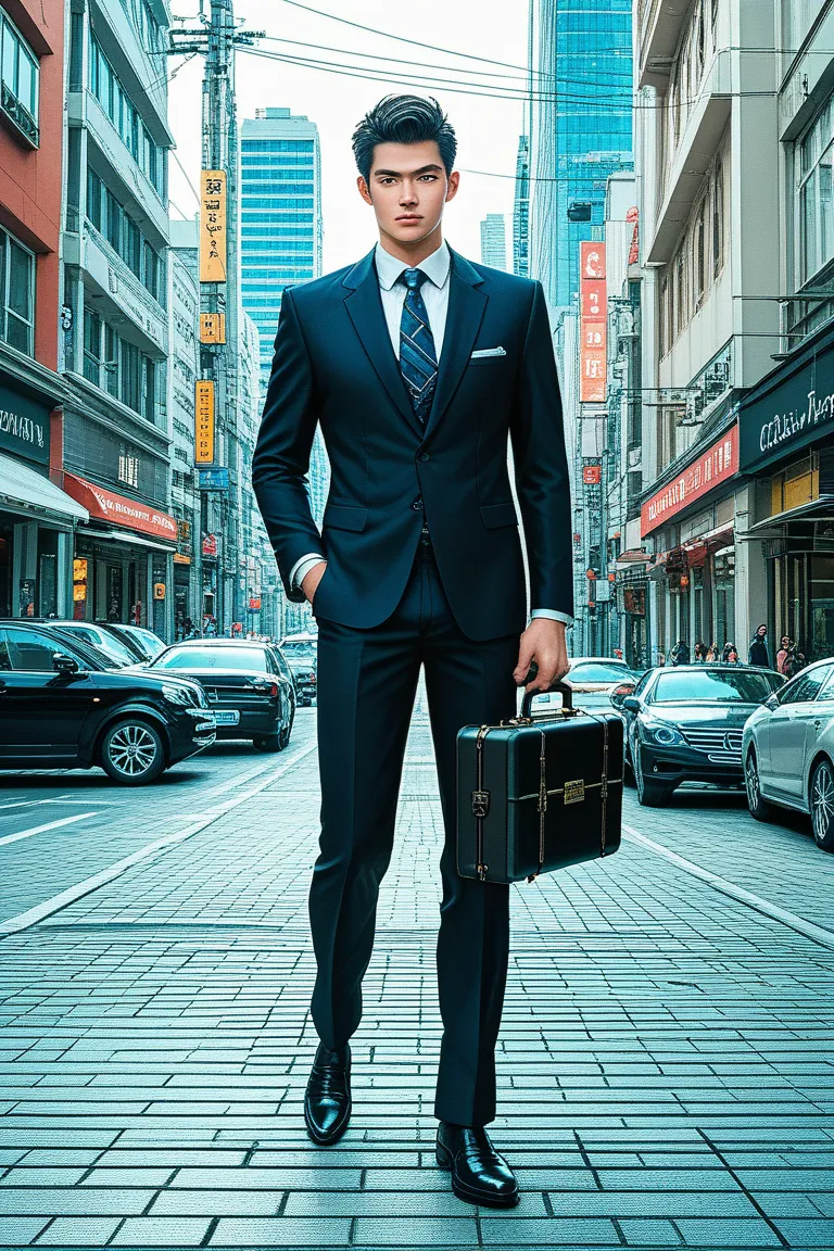 a japanese man,tall,slender,black hair,businessman,leather shoes,suits,bulge,standing on the street,low angle,