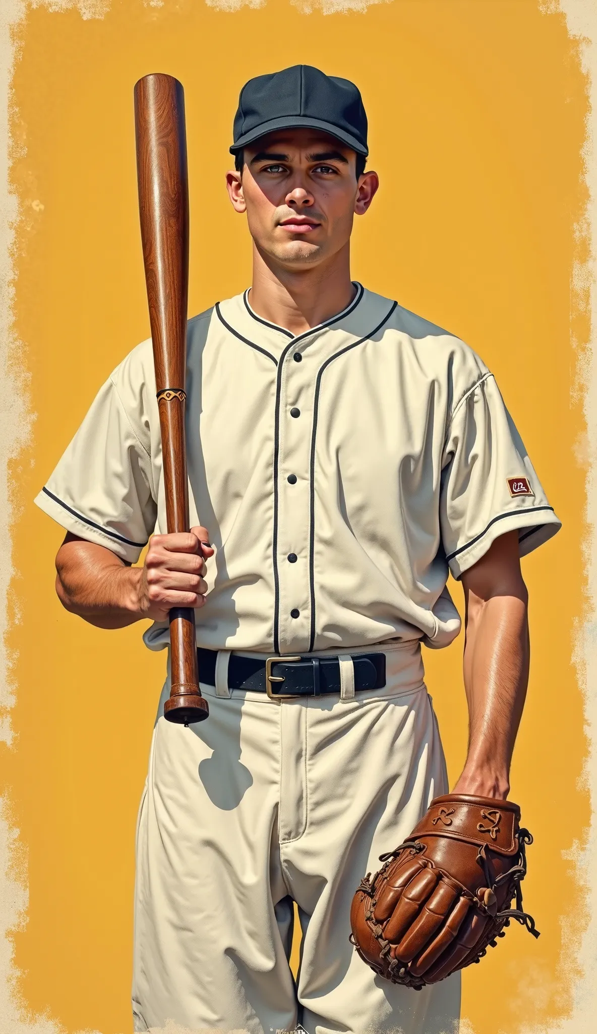 A vintage-style illustrated baseball player in a classic early 20th-century uniform, standing straight in a relaxed yet confident pose for easy face swapping. The uniform is crisp white with slightly wrinkled fabric, featuring no text or logos on the jerse...