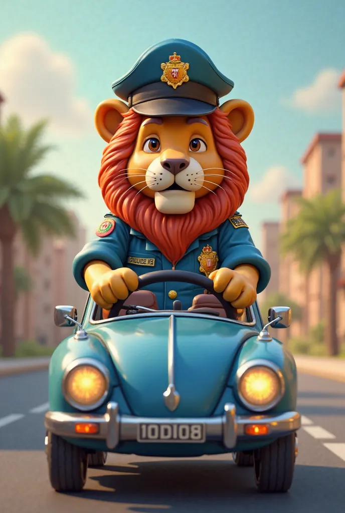  A lion wearing a police suit and a police hat drives an Algerian police car in 3D cartoon