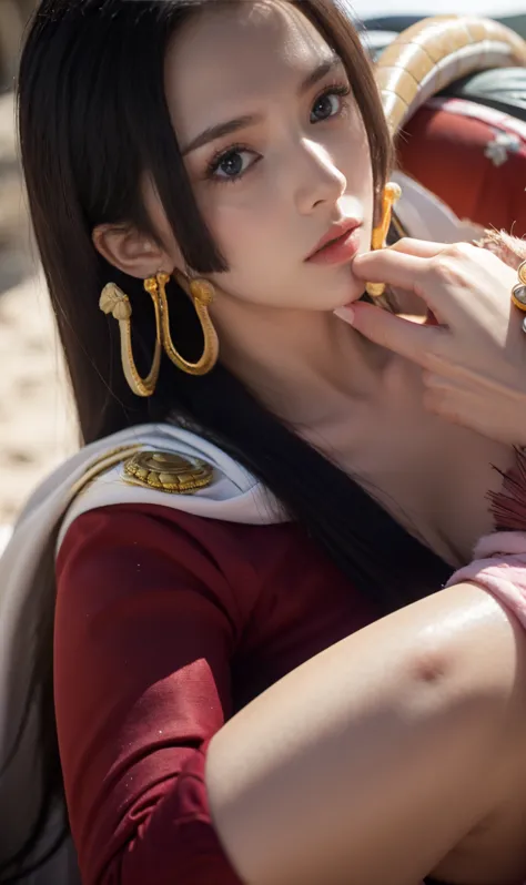  Nikon RAW photo, FUJIFILM XT3, ( Details,  21-year-old young female captain, big eyes, 綺麗なface、 the royal family、Snake Gold Earrings, look away), sensual, (ultra Details), 8k, 4K, complicated, upper_body, Details_face, Best lighting, outdoor, makeup, Blea...