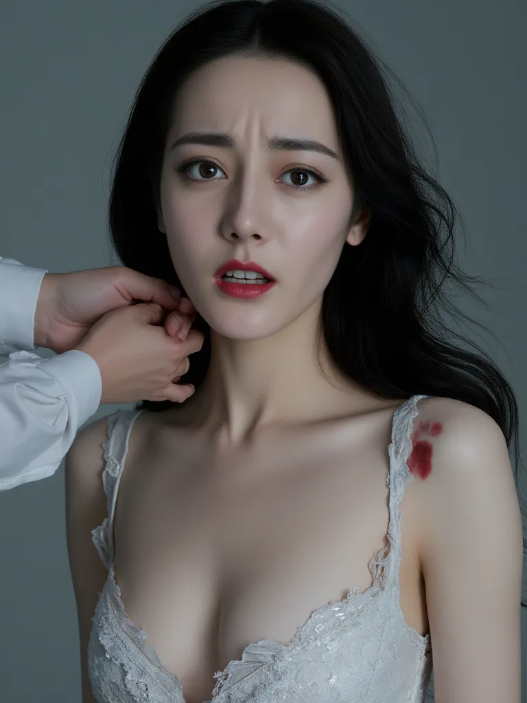 dilraba,
breathtaking cinematic film still A realistic, high-definition image of a young 26yo beautiful Chinese girl with pale skin and long dark hair, blue mystical make up, striking white eyes with ,  pale lips. She wears an a torn white dress with bruis...