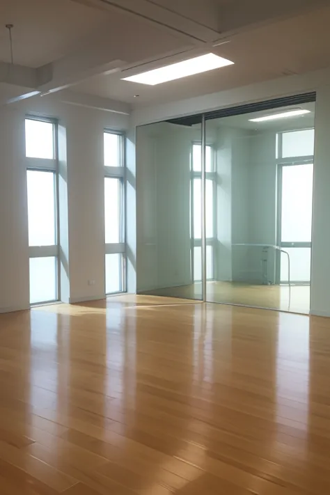 ((masterpiece)), 8K resolution, cinematic lighting,Semi-realistic),
"An empty, modern K-pop dance practice studio with a sleek wooden floor and a large, seamless full-length mirror wall that stretches along one side of the room. The mirror wall is unframed...