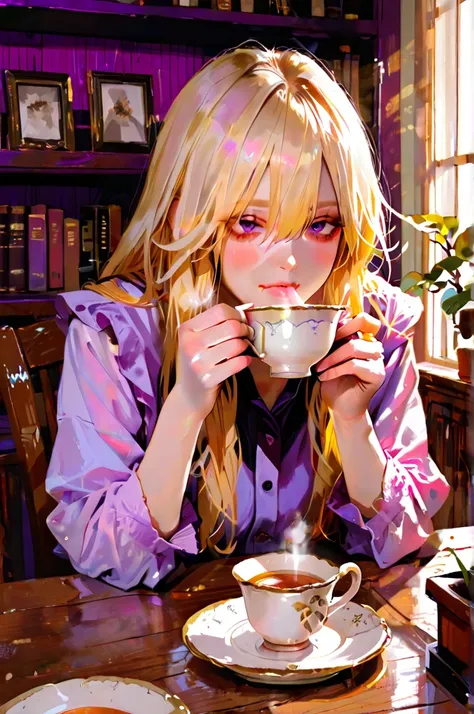 A woman in a purple office, drinking tea, looking pretty, photorealistic, 8K, ultra-detailed, highly realistic, studio lighting, soft lighting, intricate facial features, elegant expression, delicate hands, sitting at a wooden desk, teacup on saucer, steam...