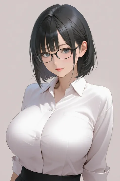 black rimmed glasses、Plain woman、Big Breasts、Latvian、straight short black hair、bangs、 extremely realistic 、 perfect composition、Best Quality、simple background、waist shot、sensual、 Line Art、 beautiful eyes、Receptionist