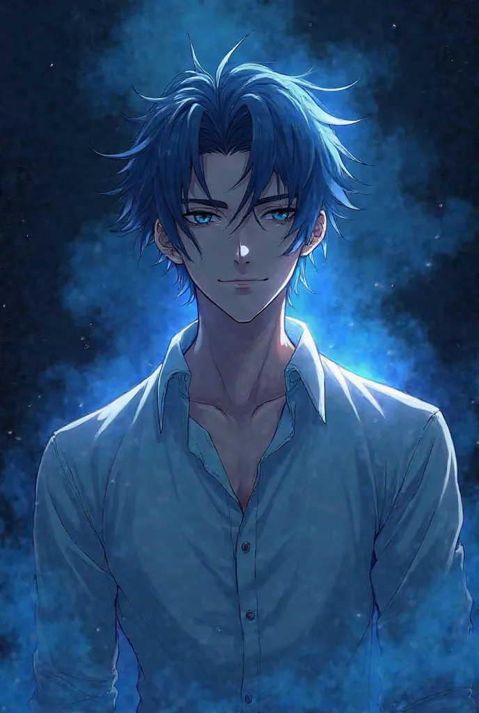 Man stand front the shadow, beautiful face, background is dark blue smoke, animé style, upper body,he smiling like a devil, blue hair and white hilight, light on he face, handsome and elegant, white shirt,