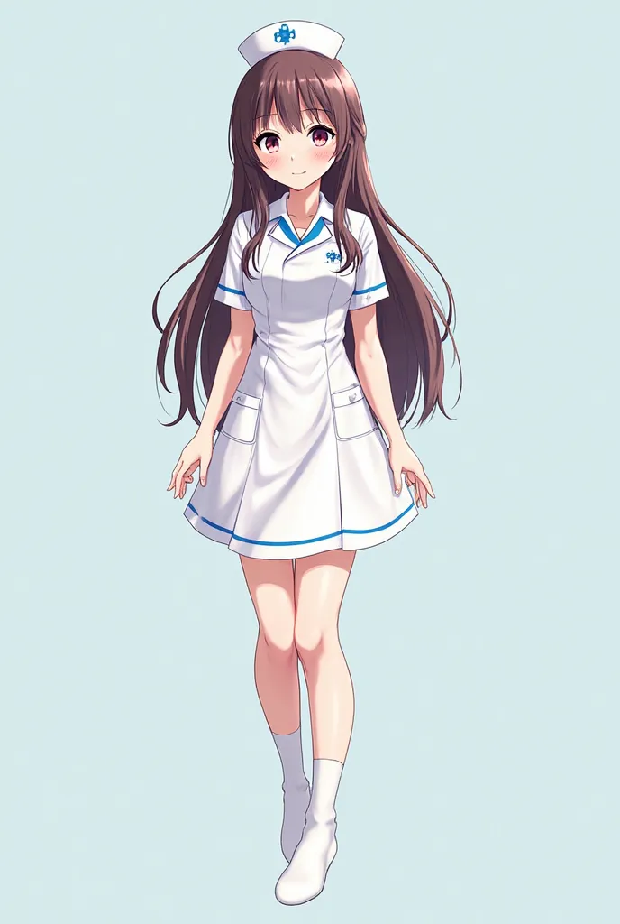 một người phụ nữ mặc  nurse uniform  body nóng bỏng đang đứng dang rộng cánh tay xuống đất, female nurse,  nurse uniform ,  anime style Ecchi , hints at yayoi kusama, makoto shinka , full body half, ahegao, anime barbie wearing white socks, character in vi...