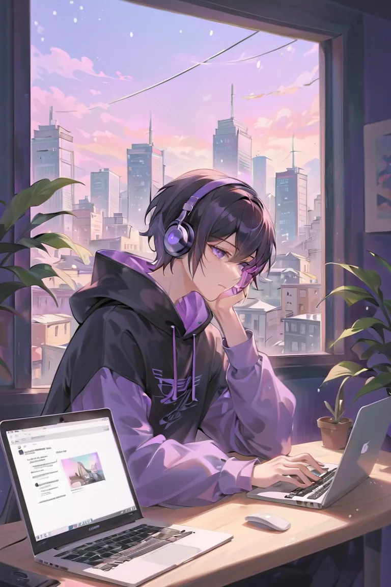 Male, 23 years old, fair skin, sitting at desk, wearing dark black hoodie with lilac accents on hood and sleeves, short dark hair, purple eyes, wearing headphones, typing on laptop in room with window, with soft and melancholic expression. Soft lighting, w...