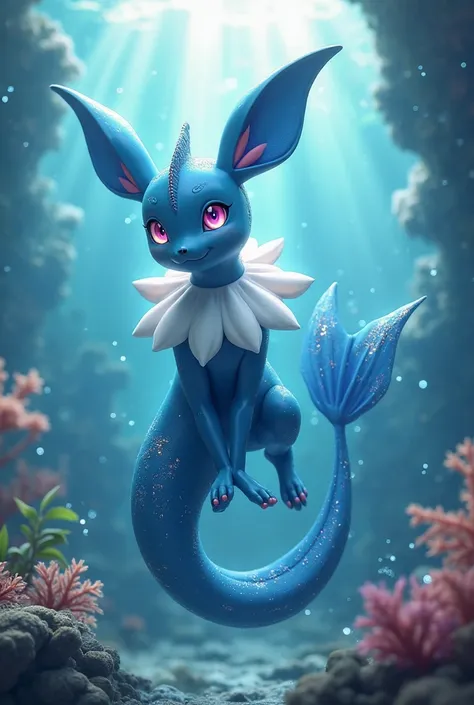 A hyper-realistic 3D render of Vaporeon, a sleek and elegant aquatic Pokémon with smooth blue skin, large fin-like ears and a white frilly neck fin, glowing blue eyes, a long mermaid-like tail with a fin at the tip, and webbed feet, ultra-detailed textures...