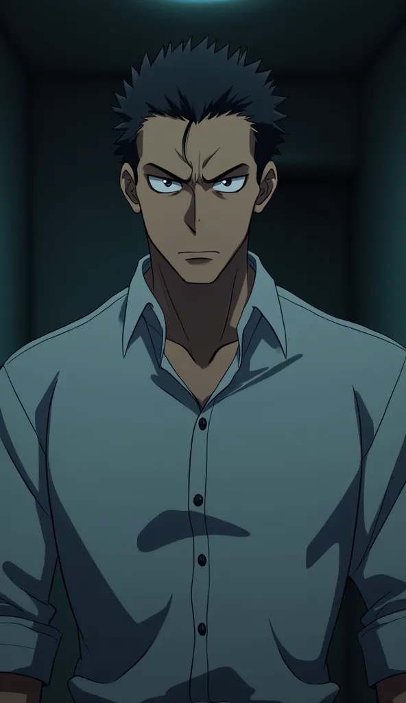 A mature anime character with a displeased expression stands under dim lighting, exuding a quiet yet intense aura. His sharp, well-defined features are accentuated by the subtle shadows on his face. His brows are slightly furrowed, and his lips press into ...