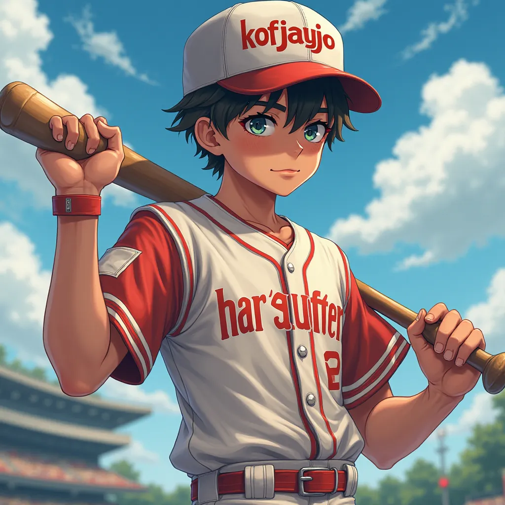 A handsome  is holding a baseball bat and wearing a hat with text "KOF JAYJO" anime, 