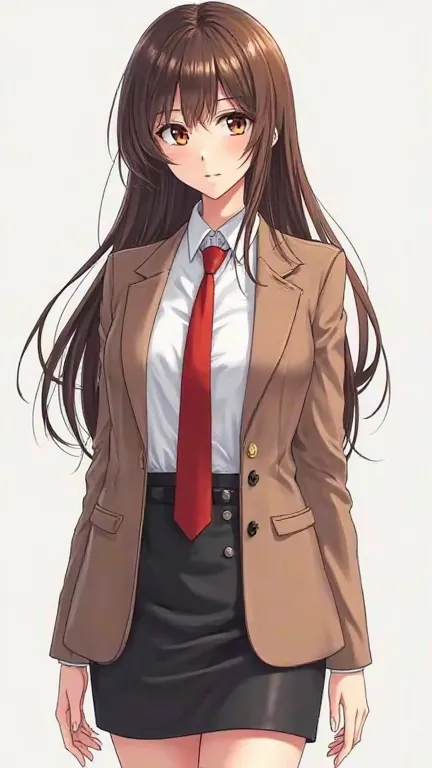 1 woman [appearance= "violet eyes", "long brown hair", "height:  167 cm ", "hourglass figure"] [Clothes= "brown blazer ", "Buttoned White Shirt", " Knee-length skirt", "red tie"] (Full Body Plane) manga,  Precise,  super detailed ,  tall details , high res...