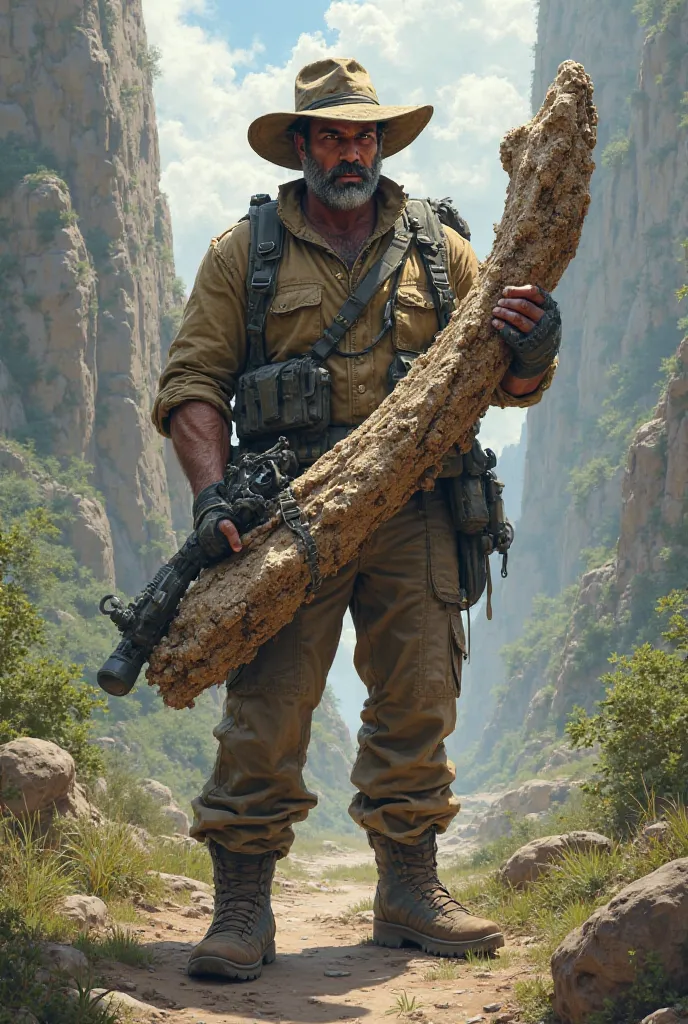 Alant Grant holding a large dinosaur bone with the other hand an RPG 