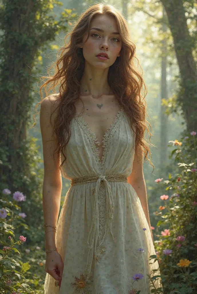 A beautiful woman with long light brown hair, brown eyes, Weaky nose, thin pink lips with a wiccan dress. The background is nature 