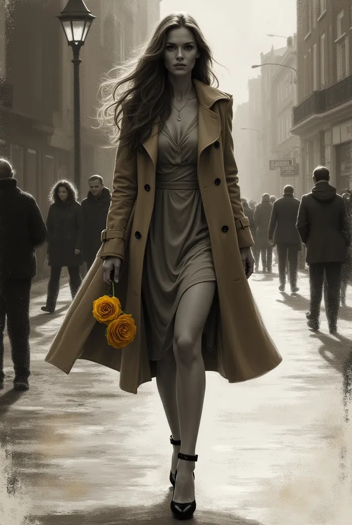 oil-stained monochrome , soft brush strokes, ultra realistic, ultra detailed, a woman with long hair ,  wearing a coat over a dress ,  high heels , she's holding a yellow rose, In her hand , In the background tones of a street 