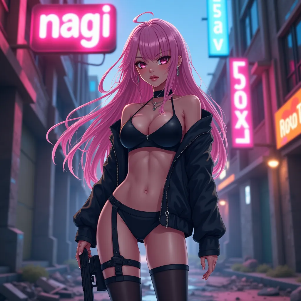 Anime cute and sexy girl, full body,  long pink hair, wavy hair, leg strap with gun gun, black clothes, war zone, neon sign with the word NAGI color pink, neon sign with the word 5OXL color blue 