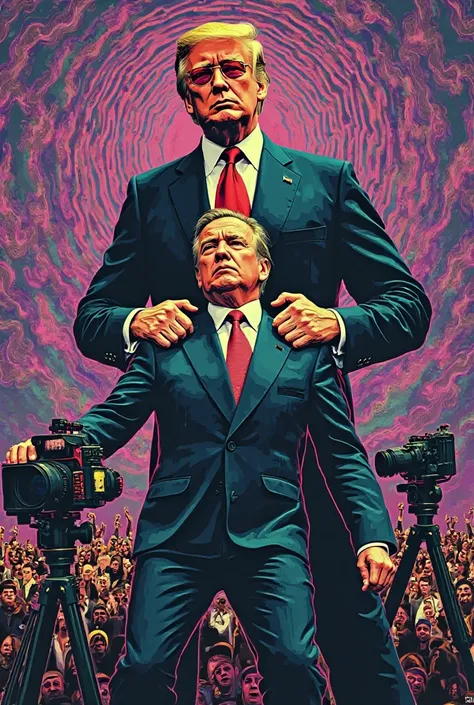 Pop art style poster silkscreen printing psychedelic filagram ultra realistic iridescent purple green purple with Trump with red glasses spanking little Volodymyr Zelensky in front of cameras around the world
