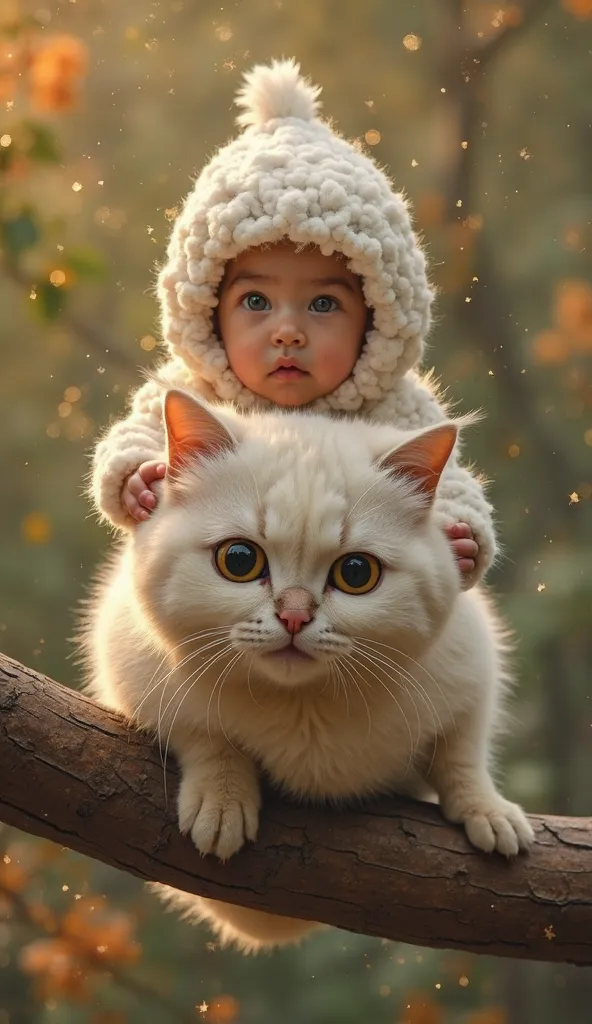 A baby riding on the back of a giant cat, wearing a large, costume de poulet mignon réaliste、Le visage est réel、 un bébé de 6 mois 、 mignon、sourire、Comme une photo、Many mignon owls at my feet、、Le visage est réel、 sparkle、L'arrière-plan est une branche sur ...