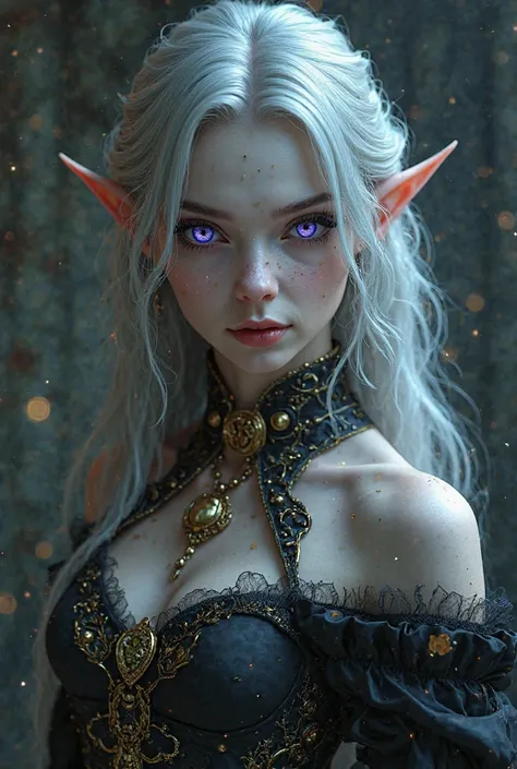 Silver haired female vampire, with pale skin and Violet eyes, elf ears with golden ear cuffs and an outfit similar to Astarion