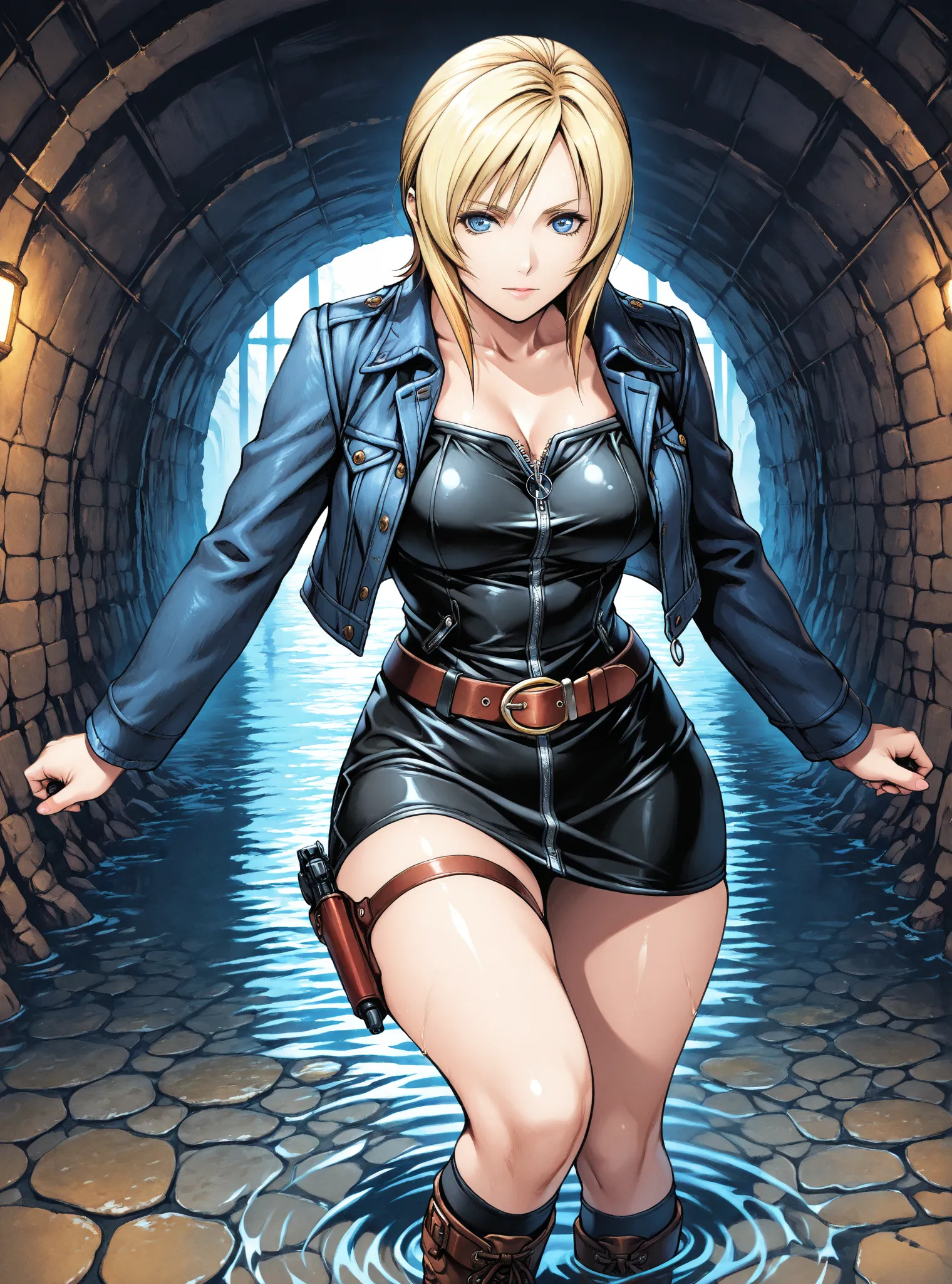 16k, masterpiece, best quality, detail eyes, anime, (realistic:0.8). BREAK. tales of, nomura tetsuya, 1girl, aya brea, parasite eve, blue eyes, shiny golden blonde hair, very short hair, (lipstick), (medium breasts:0.8), black short dress with (a round-sha...