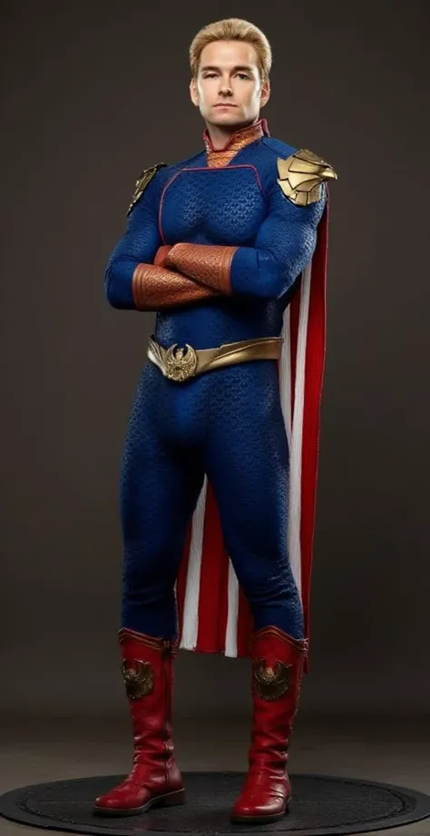 Full photorealistic shots of handsome hunky slender  blonde hair Homelander .wearing a blue tight fit leather bulging overall costume.., bronze cuffs and belt.. red boots.. usa flag as cape,, bracelet that bursting  energy..his eyes turned white. face fron...