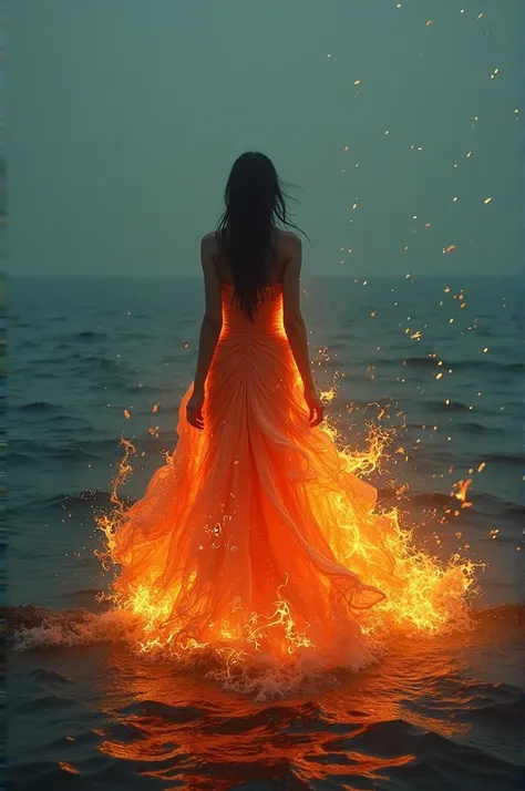 Silhouette of a girl in the middle of the sea in a fire dress