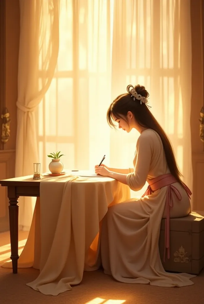  a painting or a digital artwork that combines elements of both. It depicts a serene and warm scene with a person sitting at a table, writing or reading. The person is dressed in traditional clothing, and the setting appears to be indoors, with soft, golde...