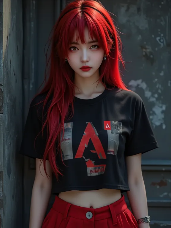 A realistic girl with Adobe logo shirt, red hair, long hair, red eyes, red skirt, earrings