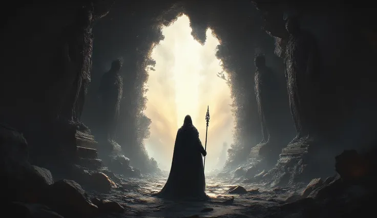 A solitary, cloaked figure with a staff stands at the center of a shattered gateway, facing a radiant light that beckons from beyond. Towering, imposing statues of ancient warriors flank the entrance, adding a sense of grandeur to the scene. The lighting i...