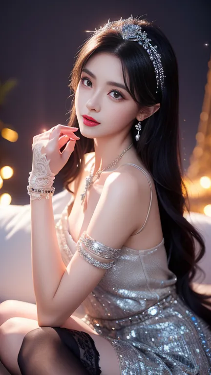 4K, UHD, masterpeice, 1 girl, good face, happy face, ((skin)), detailed eyes, detailed lipstick, very long hair, straight hair, very long hair, beautiful hair, hair ornaments, hairband, gradient hair, ((black stocking)), ((princess clothing)), ((decorated ...