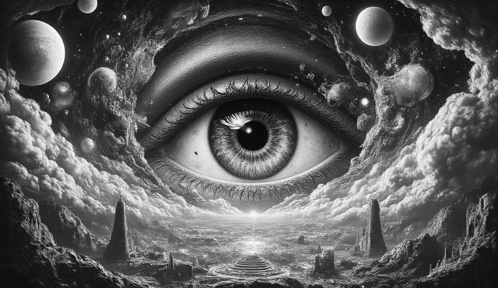 Create an intricate surreal landscape centered around a large, detailed eye. Surround it with swirling, cloud-like forms leading to celestial bodies such as planets and stars. Incorporate various architectural structures reminiscent of ancient civilization...