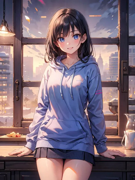    Cute high school student,  1 girl, solo, Hi-Res, long hair,  black hair, accurate, smiles, cowboy shot getting an erection、 hoodie、 beautiful thighs、SMALLE BREASTS、Eat baumkuchen、Cafe