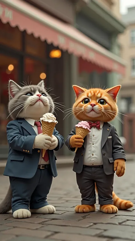 wide angle shot of 2 well dressed adult cats wearing suits holding ice cream cones, in front of a luxury ice cream store facade, are laughing pointing down at the ground a crying orange humanoid cat (wearing old white t shirt) has tears in his eyes 