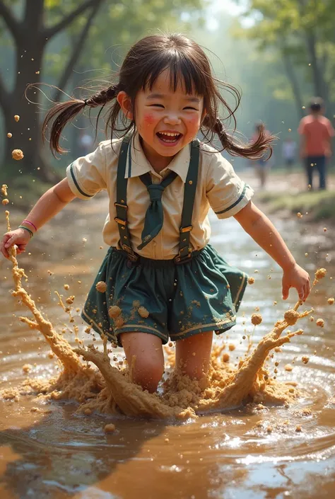 a girl in a school uniform playin in a muddy puddle very muddy and dirty