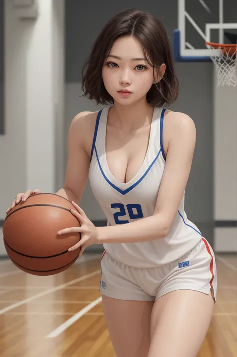 4K，tmasterpiece，A high resolution，very intricate，realisticlying，A delicate girl with facial features in the movie
1 Girl， Single focus， Full body like，Summer noon， Playing the Basketball，Basketball pose，thermography， 1990's\（styled\），White skin，(Bigchest，c...