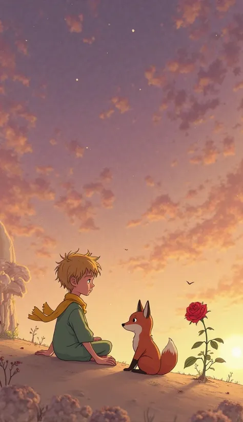 Create a highly detailed and real photo picture based on a specific scene from Antoine de Saint-Exupéry's 'The Little Prince.' The scene depicts the Little Prince on his tiny planet, B-612, alongside the fox he has tamed. The planet is small, barely larger...