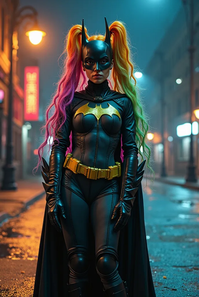 a woman with long rainbow-colored pigtails wearing a batman costume without a cyberpunk mask stands full-length on the road at night