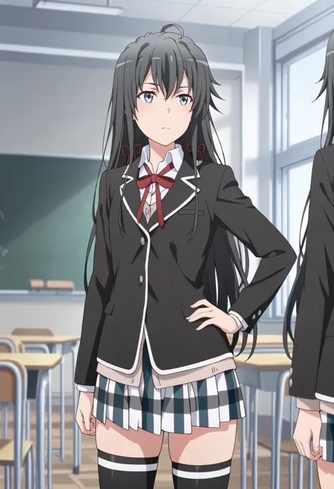masterpiece, best quality, highres, yukinoshita yukino, long hair, ahoge, hair ribbon, school uniform, neck ribbon, collared shirt, blazer, black jacket, long sleeves, plaid skirt, black thighhighs, classroom, hand on hip, standing