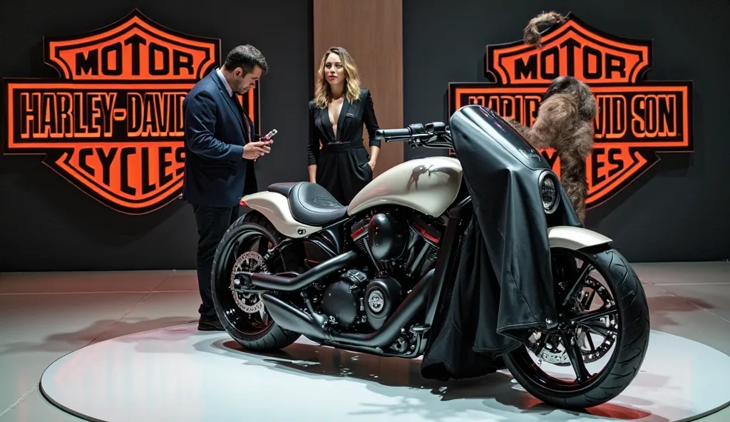 "A striking image of the futuristic 2025 Harley Davidson V-Rod, lift said half draped in a bold black cloth featuring the iconic Harley Davidson logo. The motorcycle shines in a vibrant finish, with sleek, streamlined curves that highlight its modern desig...