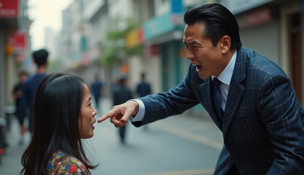 A dramatic street scene in an urban Asian setting, featuring a wealthy young Asian man in an elegant dark blue plaid suit, angrily confronting a poor Asian mother and her crying . The man has slicked-back black hair, sharp facial features, and an intense e...