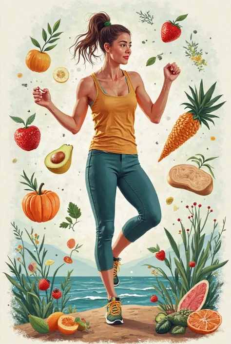 A picture that expresses the benefits of fasting, showing a person practicing sports or enjoying a healthy life, surrounded by expressive elements such as healthy food, water, and things that indicate physical and mental comfort.